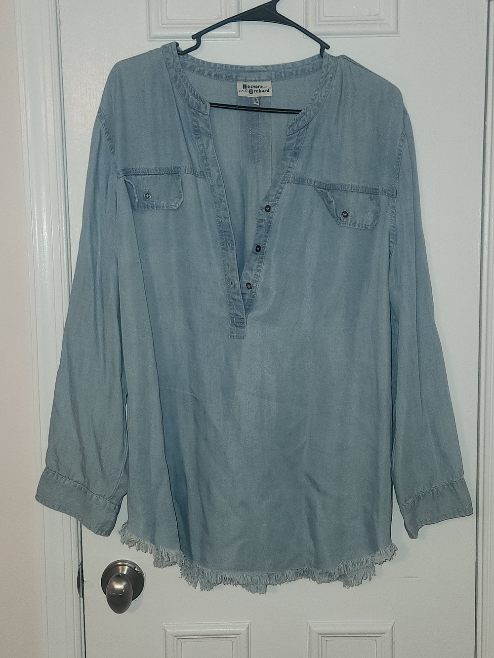 Chambray Tunic in Light Blue with Frayed Hem
